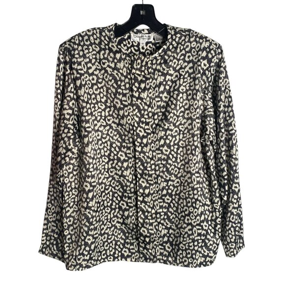 OSCAR DE LA RENTA Expressions Black + White Leopard Print Vintage Blouse Size 12 - Picture 1 of 7
